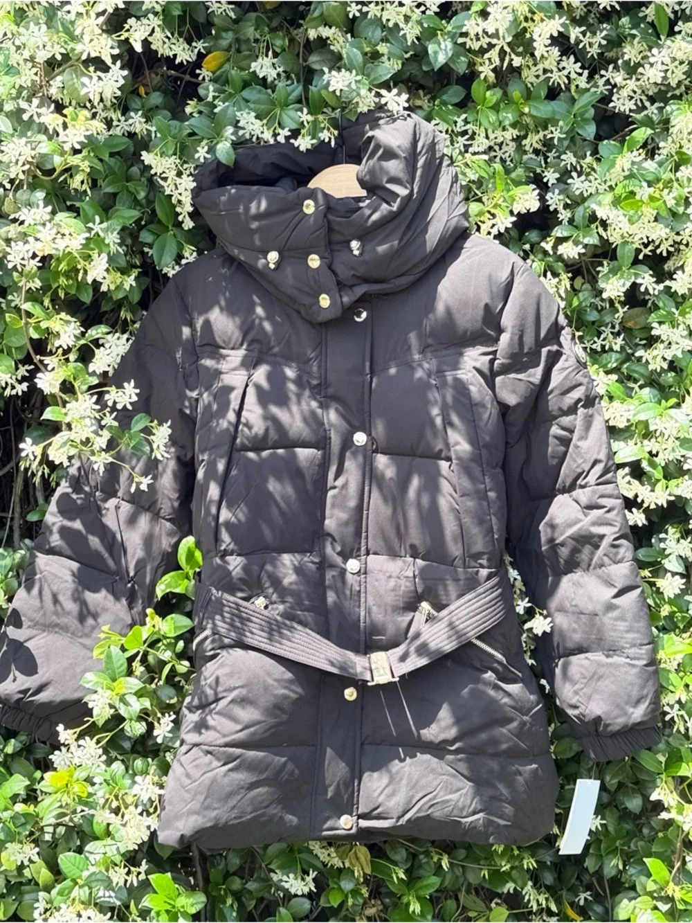 Michael Kors Belted Channel Quilted Hooded Puffer Coat Black XL